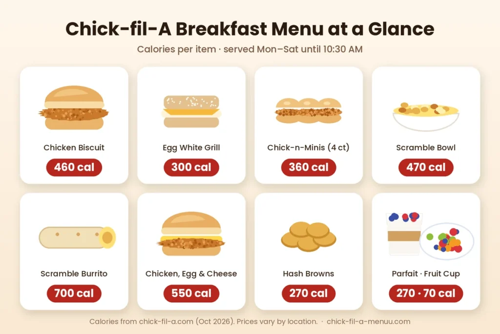 Chick-fil-A breakfast menu calories chart showing Chicken Biscuit 460, Egg White Grill 300, Chick-n-Minis 360, Scramble Bowl 470, Burrito 700 and Hash Browns 270