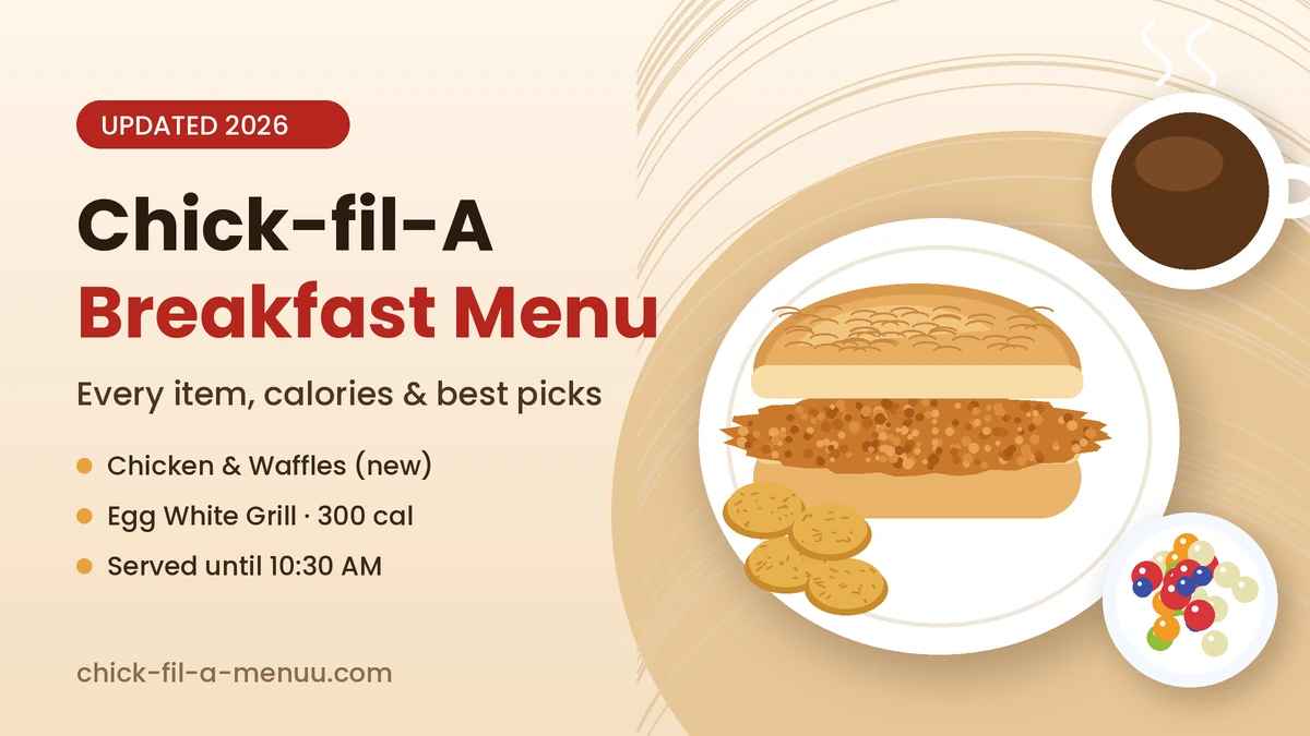 Chick-fil-A breakfast menu 2026 featuring a chicken biscuit, hash browns, coffee and fruit cup