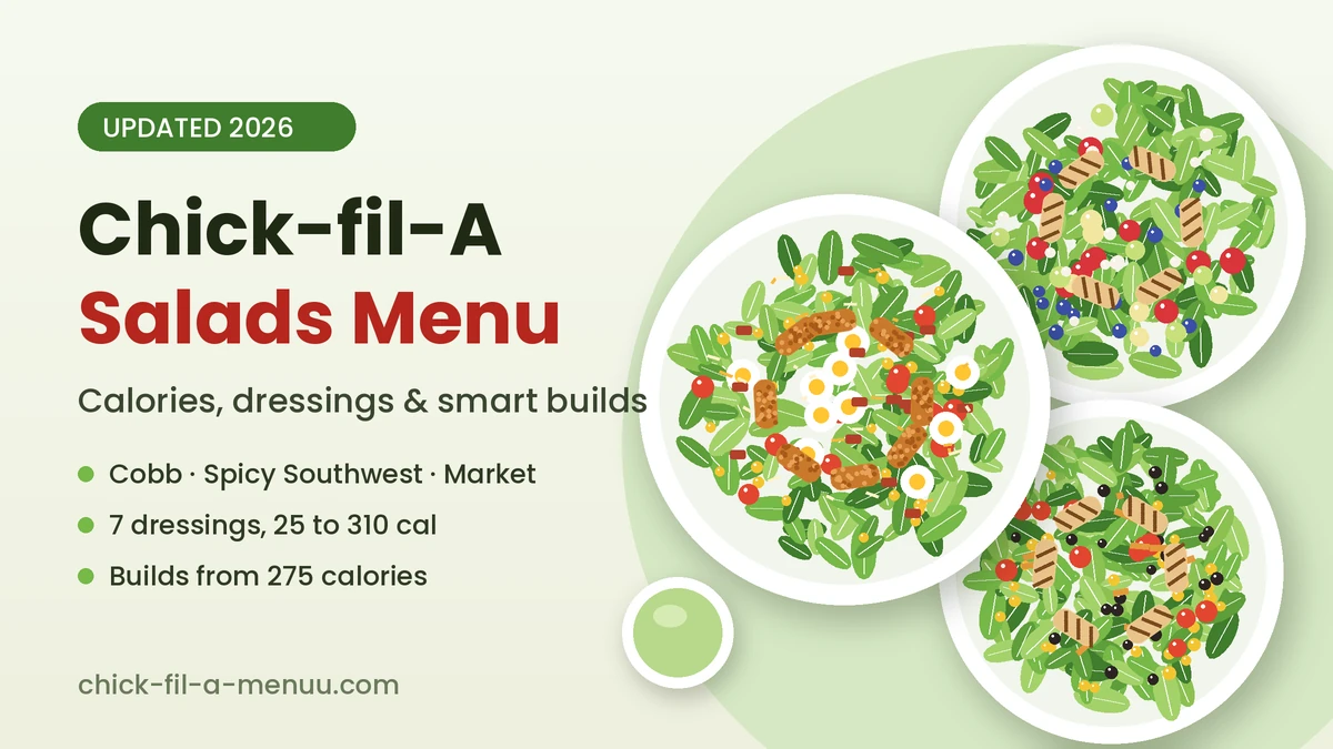 Chick-fil-A salads menu 2026 showing Cobb Salad, Spicy Southwest Salad and Market Salad with dressing